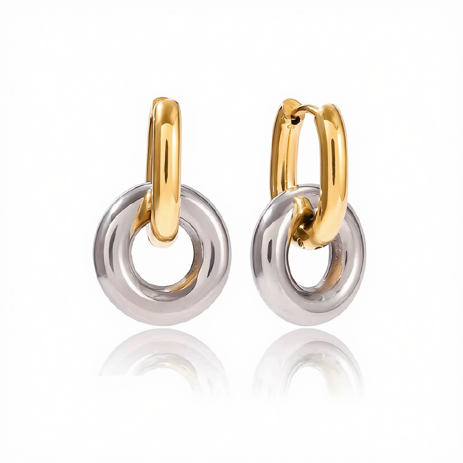 Cercei Drop Double Circle din oțel inoxidabil placat cu aur 18K, design elegant și modern, pentru femei.