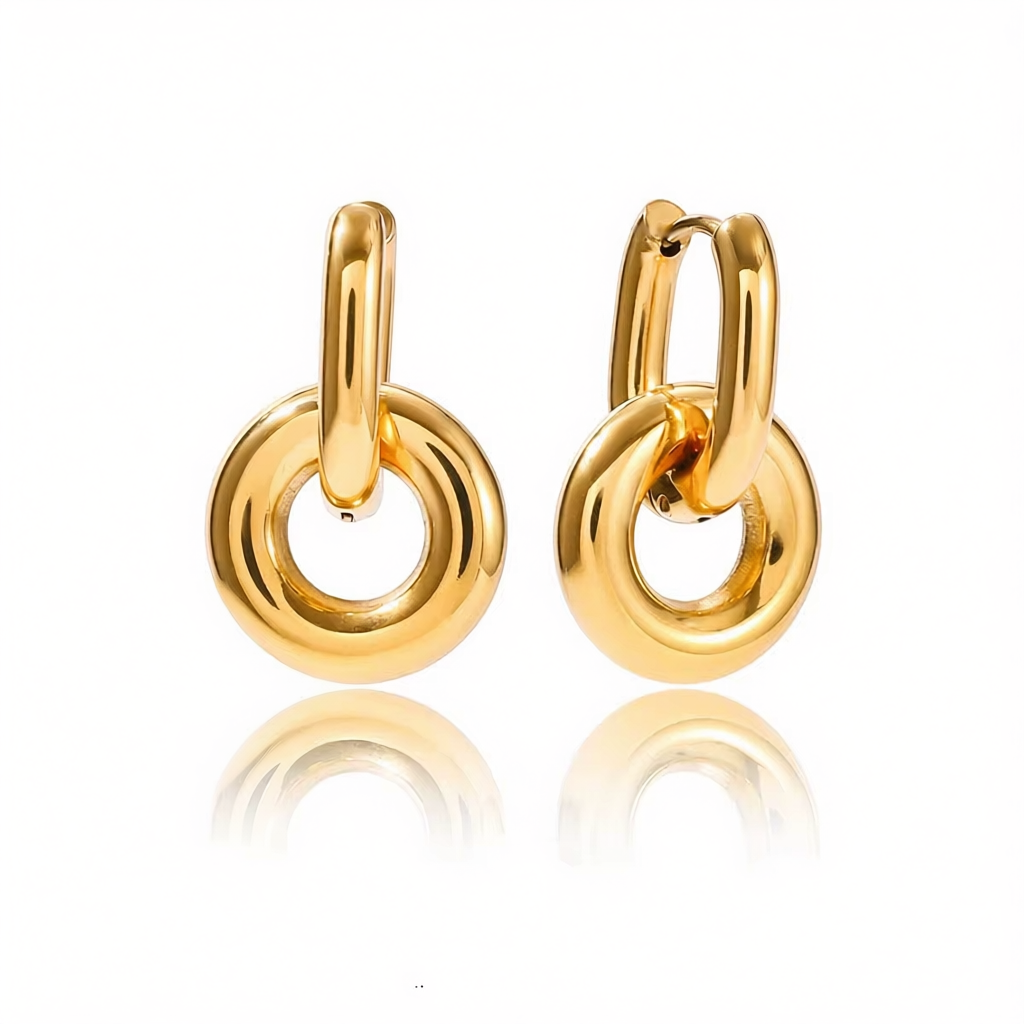Cerci Drop Double Circle din oțel inoxidabil placat cu aur 18K, design elegant și modern, pentru femei.