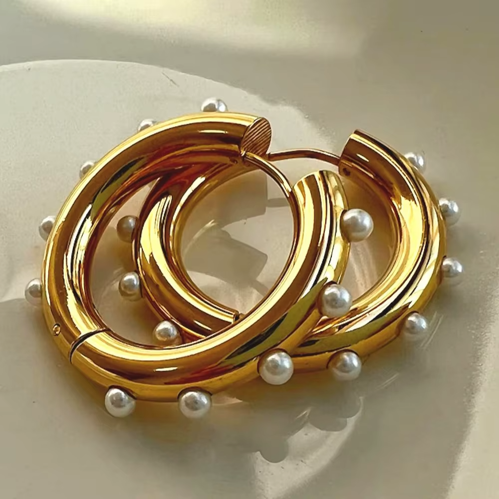 Cercei Hoop cu Perle Otel Inoxidabil placat cu aur 18K