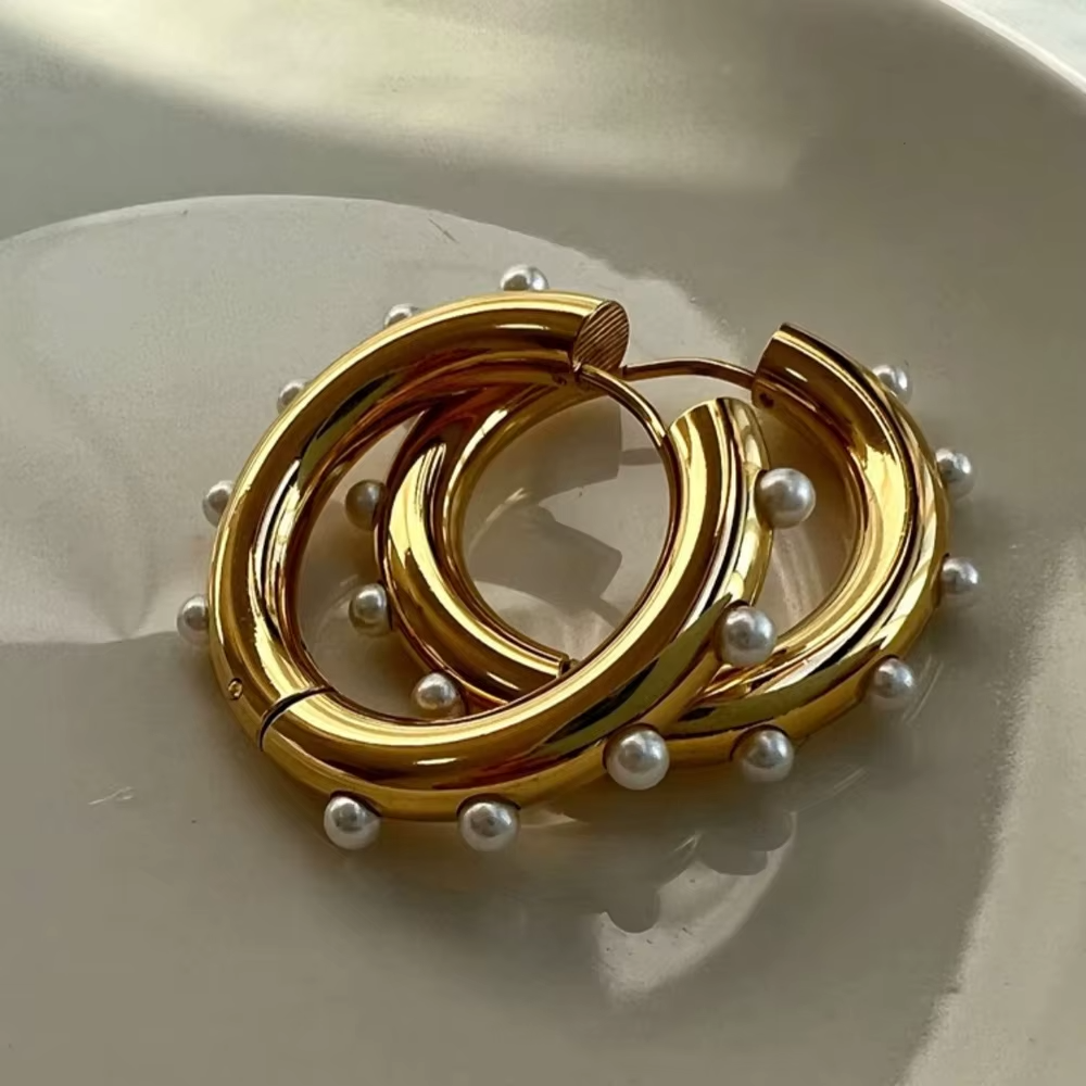 Cercei Hoop cu Perle Otel Inoxidabil placat cu aur 18K
