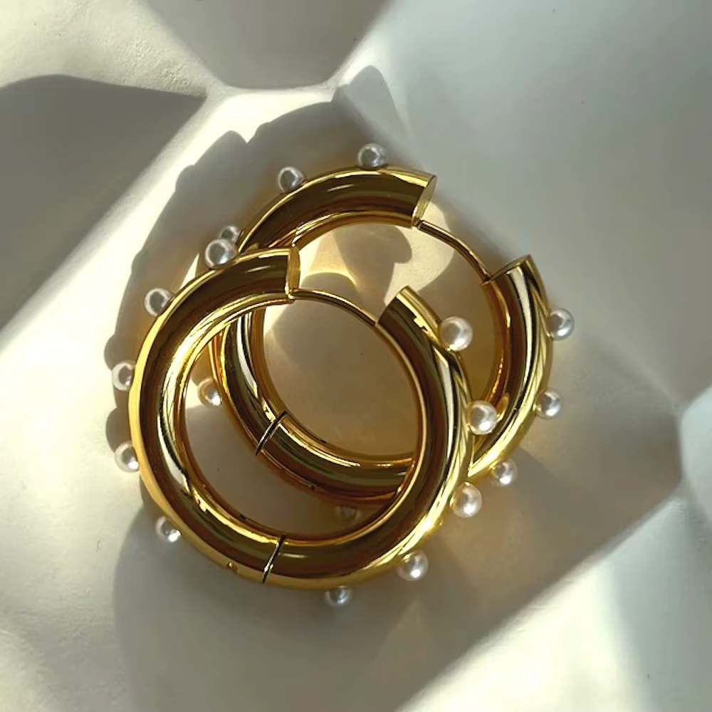 Cercei Hoop cu Perle Otel Inoxidabil placat cu aur 18K