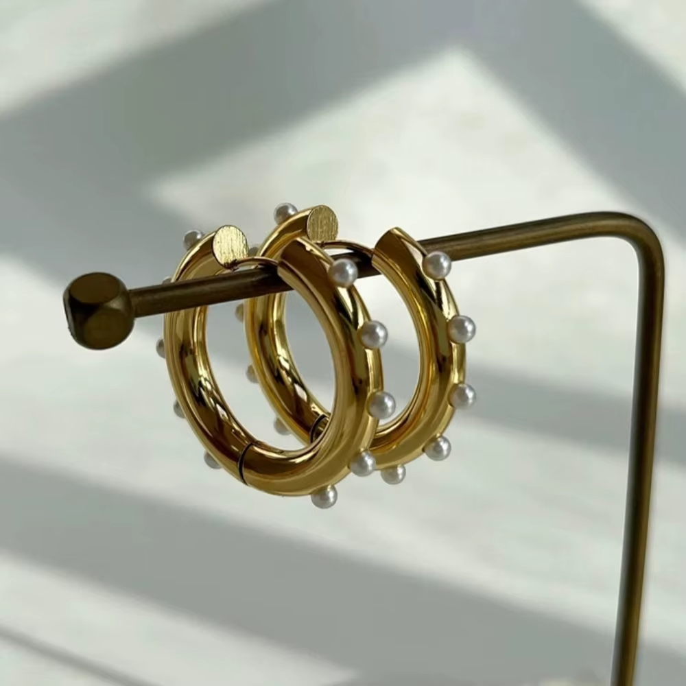 Cercei Hoop cu Perle Otel Inoxidabil placat cu aur 18K
