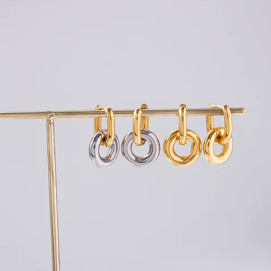Cercei Drop Double Circle Otel Inoxidabil placat cu aur 18K