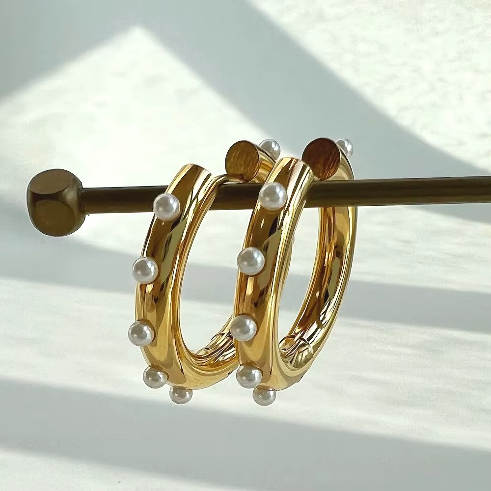 Cercei Hoop cu Perle Otel Inoxidabil placat cu aur 18K
