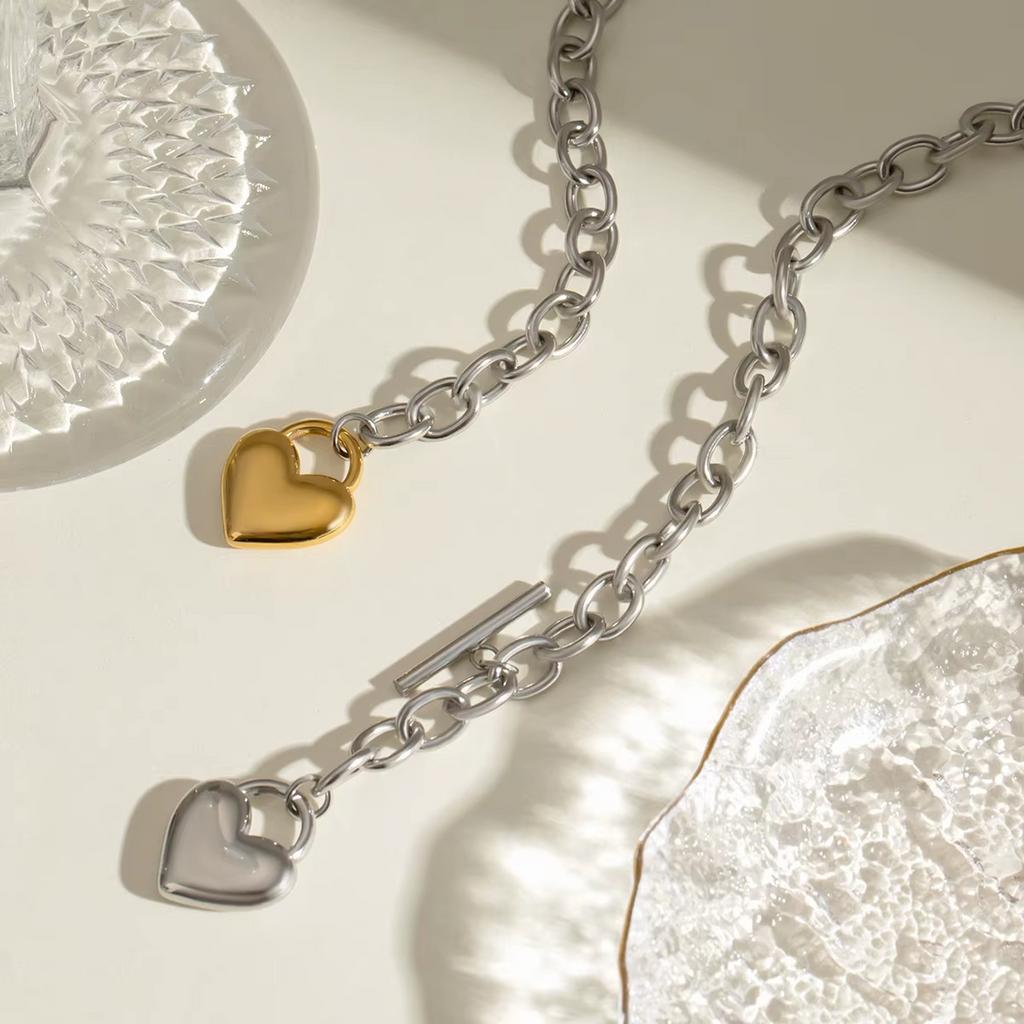 Colier cu pandantiv inimă minimalist din oțel inoxidabil placat cu aur 18K, bijuterii elegante Miagini.